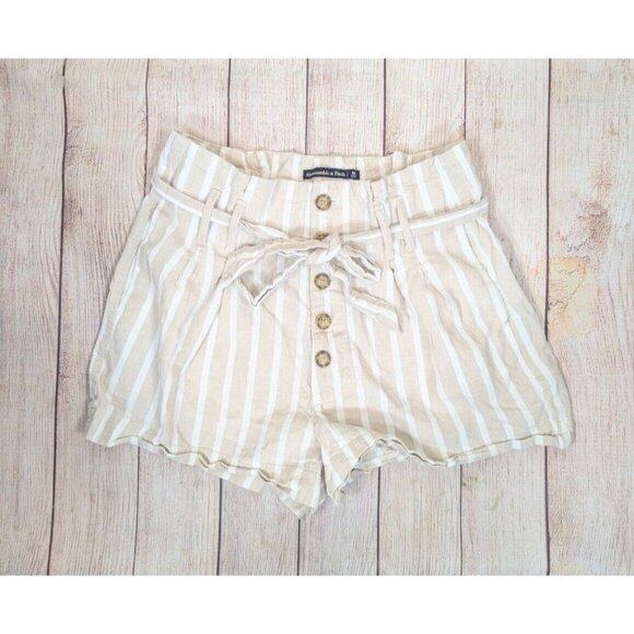 ABERCROMBIE & FITCH Women's Striped Shorts Cuffed Beige White Belted Size Medium - Picture 1 of 7